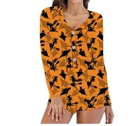 Felcia Pyjama d'Halloween 2025 décontracté à col en V pour femme - Imprimé citrouille - Manches longues, Sorcière A-jaune, S