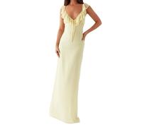 Felcia Robe longue d'été Y2K à volants avec col en V profond et dos ouvert - Robe longue moulante élégante pour cocktail, fête, a-jaune, S