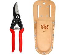 FELCO 5 sécateurs (coupe ø 25 mm, longueur 225 mm, pour grandes mains) & fourreau en cuir pour sécateur (étui avec passant + clip, s'attache à la ceinture)