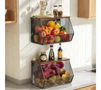 Felenny Panier Fruits, 2 Etages Panier a Fruit Etagere de Murale Cuisine, Empilable Rangement Legumes, Avec un Couvercle en bois et Crochets pour Fruit Basket pour Rangement Fruits et Légumes
