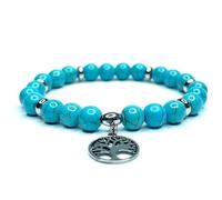 Felicidade Bracelet en Howlite Teintée Turquoise avec arbre de vie - Pierres Semi-Précieuses de 8mm, Cordon Élastique Ajustable, Calme et Communication, Cadeau pour Toutes Occasions