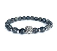 Felicidade Bracelet en Larvikite avec Tête de Lion - Perles Naturelles 8MM - Bijou Énergétique Élégant pour Homme - Force, Ancrage & Protection - Accessoire Spirituel Intemporel - Idée Cadeau Unique