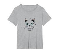 Feline Fine Cats for Girls - Cute Kitty Whiskers & Stars T-Shirt, Femme Grandes Tailles, Gris Chiné, 4X