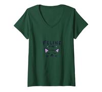 Feline Fine : Jeu de Mots Mignon pour Les Amateurs d'animaux de Compagnie T-Shirt avec Col en V, Femme, Vert Forêt, L