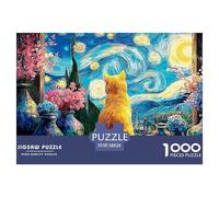 Feline Sitting on The Windowsill 1000 Pcs Carton Extra-épais Lot de Puzzles Van-Gogh Style Starry Sky Stimulant Et Éducatif Jeu Créatif Puzzles As Birthday Gifts 38x26cm/1000pcs