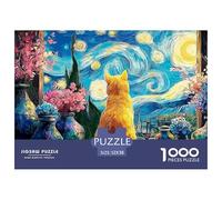 Feline Sitting on The Windowsill 1000 Pcs Carton Premium Coffret De Puzzles Van-Gogh Style Starry Sky Stimulant Et Éducatif Jeu Familial Puzzles pour Adultes Et Enfants 52x38cm/1000pcs