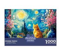 Feline Sitting on The Windowsill 1000 Pcs Carton Premium Coffret De Puzzles Van-Gogh Style Starry Sky Stimulant Et Éducatif Jeu Familial Puzzles pour Adultes Et Enfants 38x26cm/1000pcs