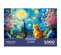 Feline Sitting on The Windowsill 1000 Pcs Carton Premium Lot de Puzzles Van-Gogh Style Starry Sky Stimulant Et Éducatif Jeu Créatif Puzzles As Birthday Gifts 52x38cm/1000pcs