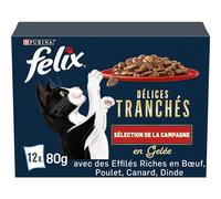 FELIX Délices Campagne Tranchés | Chat | En Gelée |Sélection de Boeuf, Poulet, Canard et Dinde| Lot de 12 x 80 g | Sachet fraicheur
