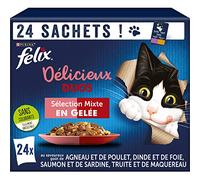 FELIX Tendres Effilés en Gelée Délicieux Duos Viandes Poissons - 24 x 85 g - Sachets fraîcheur pour chat adulte