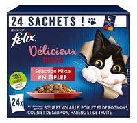 FELIX | Délicieux Duos | En Gelée | Chat Adulte | Sélection mixte : Bœuf et Volaille, Poulet et Rognons, Colin et Saumon, Hareng et Truite | Sachets Fraîcheurs | Lot de 4 ( 24 x 85 g)