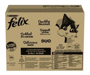 FELIX Fantastic DUO Mix Saveurs Campagnardes en gelée bœuf et volaille, dinde et foie, poulet et rognons, canard et agneau 120×85 g
