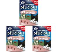 FELIX | Naturally Delicious | Snacks Chat Adulte | Friandises au Saumon | Aliment complémentaire Riche en Protéines et Vitamines Oméga 6 | Sachets Fraîcheurs | 180 g (Lot de 3)
