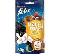 FELIX | Party Mix | Friandises pour Chat Adulte | Riches en protéines, vitamines, acides gras et oméga 6 | Sélection Mixte au goût irrésistible : Au Poulet, Au Foie, à la Dinde | Sac | Lot de 8 x 60g