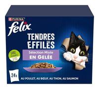 Felix - Pâtée pour Chat Adulte Tendres Effilés en Gelée Poulet Boeuf Thon Saumon | Savoureux mélange de viandes | Repas onctueux pour Votre Chat | Les 24 sachets de 85g | Lot DE 2