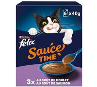 FELIX | Sauce Time | Aliment complémentaire en Sauce irrésistible pour Chat Adulte | Élaboré avec des ingrédients de qualité | Au Poulet, au Saumon | Sachets Fraîcheur | 6 x 40g