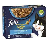 FELIX Sensations en Gelée Poissons : Saumon, Truite, Sardine, Colin - 12 x 85 g - Sachets fraîcheur pour chat adulte