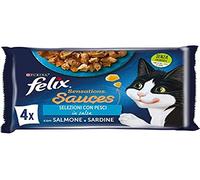 Felix Sensations Nourriture Humide pour Chats Adultes en Sauce au Saumon et Sardines 48 enveloppes de 85 g