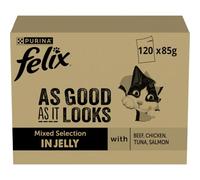 Felix | Tendres Effilés | Aliment Complet pour Chat Adulte| Sélection Mixte : Au Boeuf, Au Poulet, Au Saumon, Au Thon| en Gelée | Portion Individuelle | 120x85g