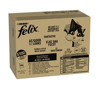 Felix | Tendres Effilés | Aliment Complet pour Chat Adulte| Sélection Mixte : Au Boeuf, Au Poulet, Au Saumon, Au Thon| en Gelée | Portion Individuelle | 120x85g