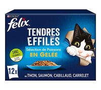 FELIX | Tendres Effilés | Chat Adulte | En Gelée | Alimentation complète | Sélection de Poisson : au Thon, Cabillaud, Saumon et Carrelet | Sachets Fraîcheurs | Lot de 6 x (12 x 85g)