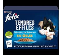 FELIX | Tendres Effilés | Chat Adulte | En Gelée | Alimentation complète | Sélection de Poisson : au Thon, Cabillaud, Saumon et Carrelet | Sachets Fraîcheurs | Lot de 6 x (12 x 85g)
