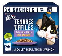 FELIX Tendres Effilés en Gelée | Chat Adulte | Sélection de Poulet, Bœuf, Thon, Saumon | Lot de 24 x 85 g | Sachet fraicheur
