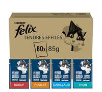 FELIX | Tendres Effilés | Chat Adulte | En Gelée | Recette 100% Complète et Equilibrée | au Thon, Cabillaud, Bœuf et Poulet | Sachets Fraîcheurs | 80 x 85g
