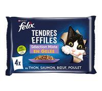 FELIX Tendres Effilés en Gelée | Chat Adulte | Sélection de Poulet, Bœuf, Thon, Saumon | Lot de 4 x 85 g | Sachet fraicheur