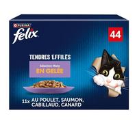 FELIX | Tendres Effilés | En Gelée | Chat Adulte | Recette 100% Complète et Equilibrée | Sélection au Saumon, Poulet, Canard et Cabillaud | Sachets Fraîcheurs | Boîte de 44 x 85g