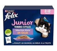 FELIX | Tendres Effilés Junior| Chat | Aliment Complet, Convient au Chaton stérilisé | Au Poulet, Au Boeuf, Au Saumon et à la Truite | Gelée | Portion Individuelle | Lot de 6 boîtes de 12 x 85g