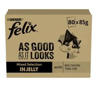 FELIX Tendres Effilés - pâtée Chat Sélection Mixte en Gelée - 80 x 85 g | Nourriture Chat en Gelée au Thon, Cabillaud, Bœuf, Poulet - Recettes variées complètes pour la vitalité - Santé Chat