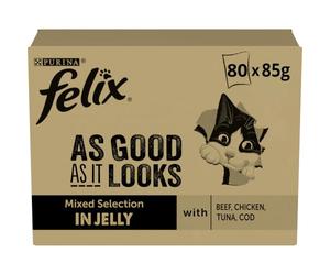 FELIX Tendres Effilés - pâtée Chat Sélection Mixte en Gelée - 80 x 85 g | Nourriture Chat en Gelée au Thon, Cabillaud, Bœuf, Poulet - Recettes variées complètes pour la vitalité - Santé Chat