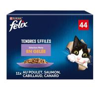 FELIX Tendres Effilés Aliment humide pour chats adultes Sélection Mixte Emballage économique, 44 sachets faciles à servir, Morceaux tendres en gelée, 4 délicieuses saveurs, Aliment complet
