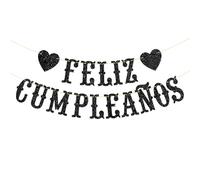 Feliz Cumpleaños Bannière - Guirlande espagnole « Happy Birthday » pour garçon, fille, enfant, adulte, décoration de fête d'anniversaire - Noir pailleté