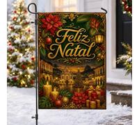 Feliz Natal Drapeau de jardin avec citation Poinsettia de Noël 30,5 x 45,7 | Poinsettias, drapeau de cour, ornements dorés, bougies lumineuses, scène de place de ville, thème d'hiver tropical