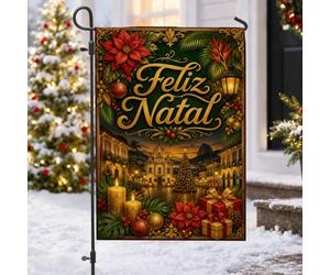 Feliz Natal Drapeau de jardin avec citation Poinsettia de Noël 30,5 x 45,7 | Poinsettias, drapeau de cour, ornements dorés, bougies lumineuses, scène de place de ville, thème d'hiver tropical