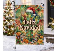 Feliz Navidad Drapeau de jardin avec citation cactus 30,5 x 45,7 cm | Chapeau de Père Noël, drapeau de pelouse, guirlande lumineuse, poterie mexicaine, fleurs de souci, motif sud-ouest