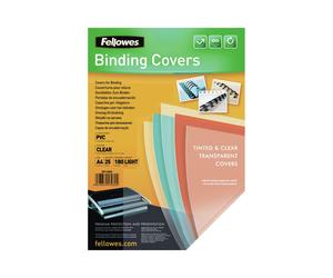 Fellowes 5380001 : Pack de 25 couvertures A4 PVC Transparent Brillant, 180 microns, 210x297mm, 10g/pièce, compatible reliure anneaux plastique/métal