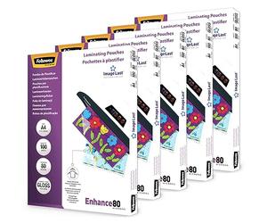 Fellowes Lot de 500 Pochettes de plastification A4 | 80 microns - 5x Pack de 100 pochettes - Technologie ImageLast pour protéger vos documents/photos, 5306127