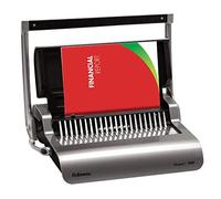 Fellowes Machine à relier pour le bureau, Quasar+ - Reliure 21 trous, 500 feuilles, perforation manuelle, anneaux plastique, inclus kit de démarrage de 10 peignes - Argent