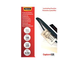 Fellowes - Pochettes de plastification brillantes pour cartes - 125 microns - Format 75 x 105 mm (80 x 112 mm) - Transparent - Plastique - Boîte de 100