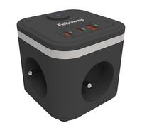 Fellowes Power Cube - Multiprise compacte 3 Prises FR, 2 Ports USB-C, 1 USB-A, câble 2 m, Interrupteur Marche/arrêt - Chargeur Multi-Ports Gain de Place pour Bureau, Maison - Noir