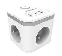 Fellowes Power Cube - Multiprise compacte 3 Prises FR, 2 Ports USB-C, 1 USB-A, câble 2 m, Interrupteur Marche/arrêt - Chargeur Multi-Ports Gain de Place pour Bureau, Maison - Blanc