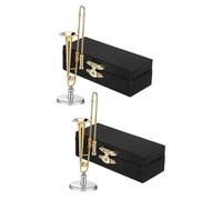 FELTECHELECTR 2 Ensembles Miniature Trombone Set Métal Plaqué Doré avec Étui Noir et Support Accessoire Décoratif pour Maison de Poupée Cadeau Élégant pour Amoureux Musique