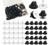 FELTECHELECTR Boîte de 50 Attaches de Broches Remplaçables Rondes en Caoutchouc Noir et Alliage, Goupille de Verrouillage Arrière Plate, pour DIY Bijoux et Badges