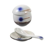 FELTECHELECTR Bol Céramique pour Soupe et Œufs Vapeur avec Couvercle Assiette et Cuillère Design Antidérapant et Motifs Sous Glaçure Service Complet pour Déjeuner et Repas Asiatiques