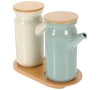 FELTECHELECTR Ensemble 2 Pièces Bocaux à Vinaigre en Céramique Blanc Cassé et Vert Clair, Distributeurs de Sauce Soja et Huile Ménagers, Pots à Condiments Résistants la Chaleur Cuisine