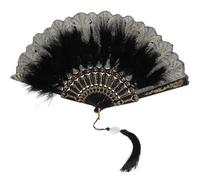 FELTECHELECTR Éventail à Main Vintage en Plume Noire Broderie de Fleur, Pliable et Facile à Ouvrir, Accessoire Élégant pour Fête Dansante ou Cosplay