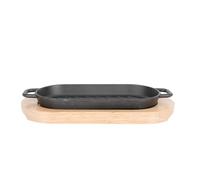FELTECHELECTR Set de Poêle à Griller en Fonte avec Plateau en Bois Foncé, Plat de Cuisson Créatif pour Steak, pour Cuisiner en Famille ou Lors de Fêtes, Protège la Table et Garde les Aliments